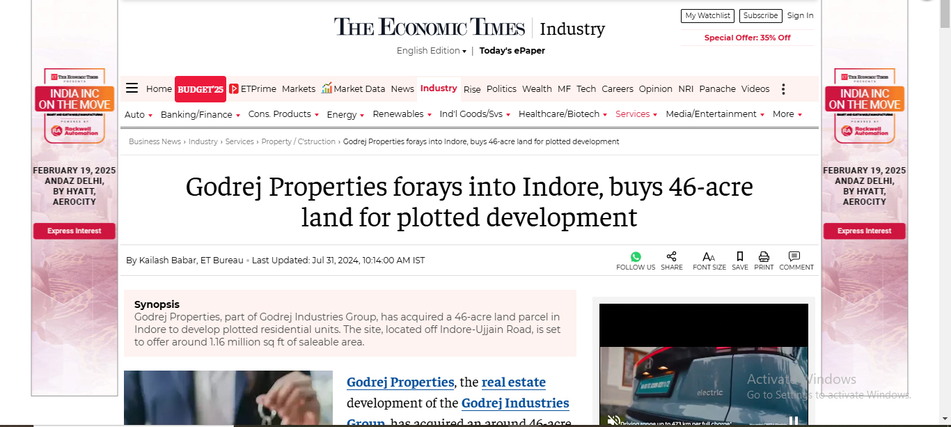 Godrej Properties Acquires 46-Acre Land in Indore for Plotted Development