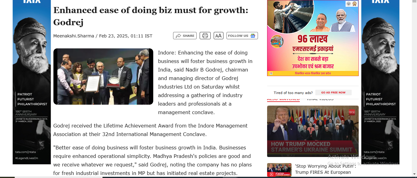 Breaking News Enhanced ease of doing biz must for growth: Godrej Properties Indore